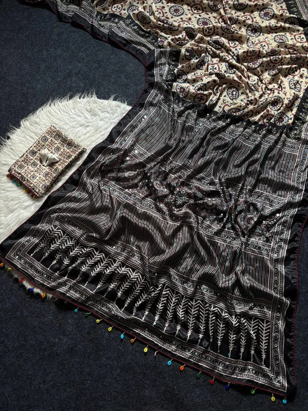 Beige_Ajrakh_Print_Satin_Saree_With_Mirror_Work