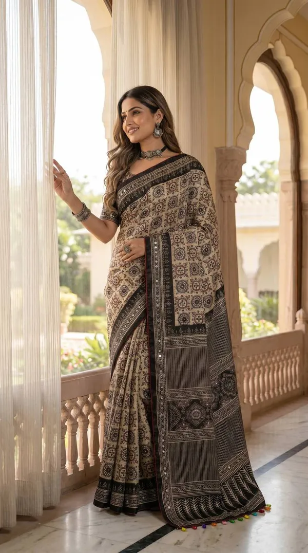 Beige_Ajrakh_Print_Satin_Saree_With_Mirror_Work