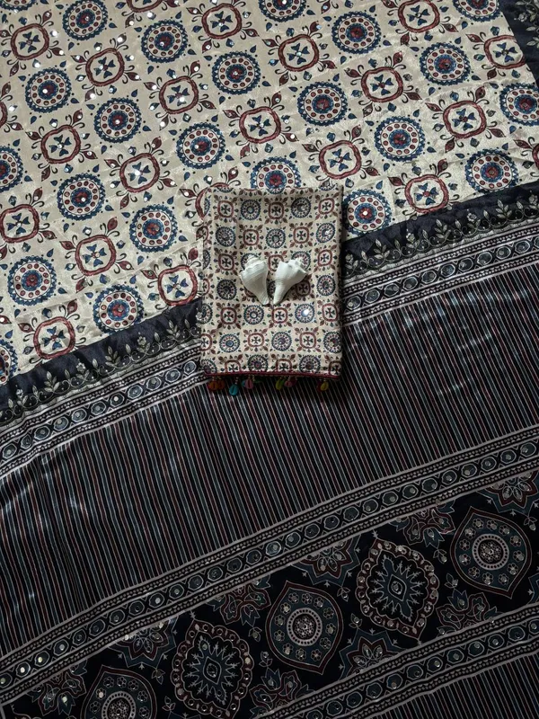 Beige_Ajrakh_Print_Satin_Saree_With_Mirror_Work