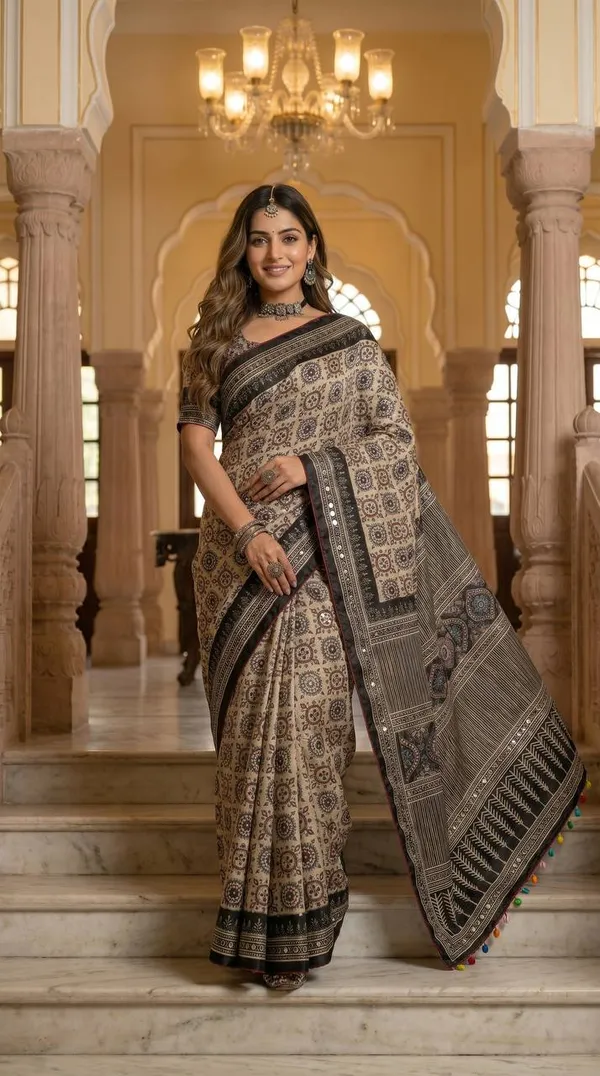 Beige_Ajrakh_Print_Satin_Saree_With_Mirror_Work
