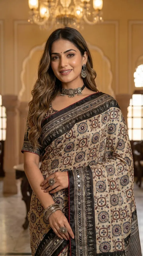 Beige_Ajrakh_Print_Satin_Saree_With_Mirror_Work