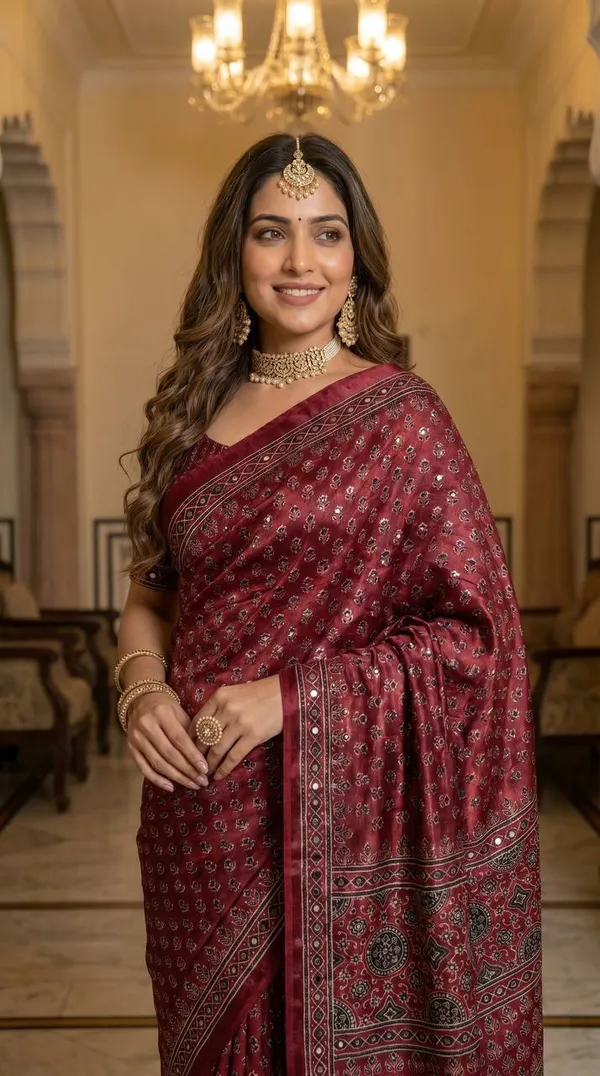 Wine_Ajrakh_Print_Satin_Saree_With_Mirror_Work