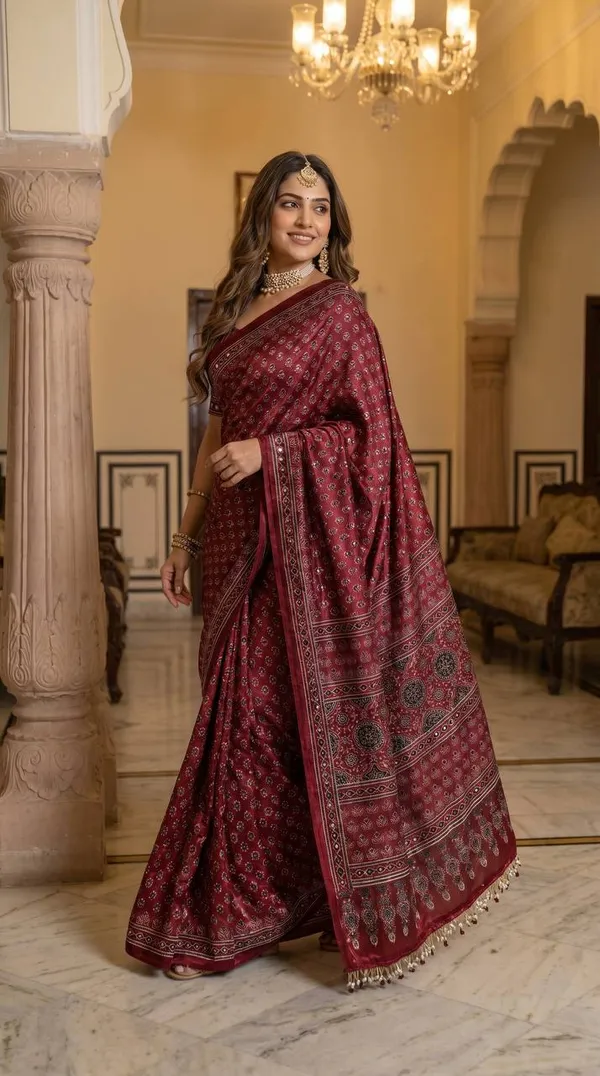 Wine_Ajrakh_Print_Satin_Saree_With_Mirror_Work