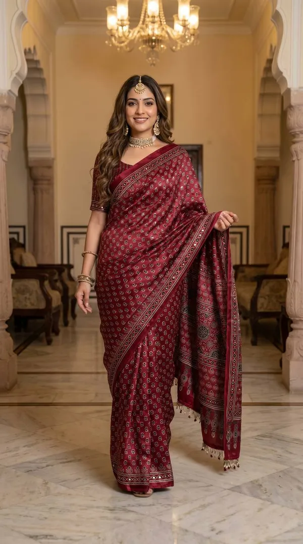 Wine_Ajrakh_Print_Satin_Saree_With_Mirror_Work