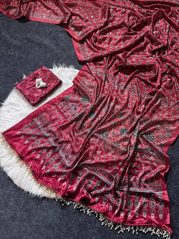 Wine_Ajrakh_Print_Satin_Saree_With_Mirror_Work