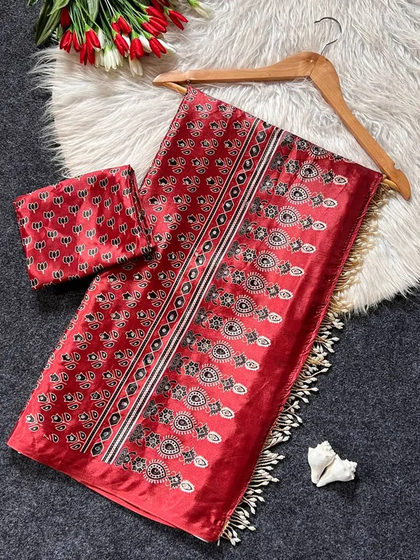 Wine_Ajrakh_Print_Satin_Saree_With_Mirror_Work