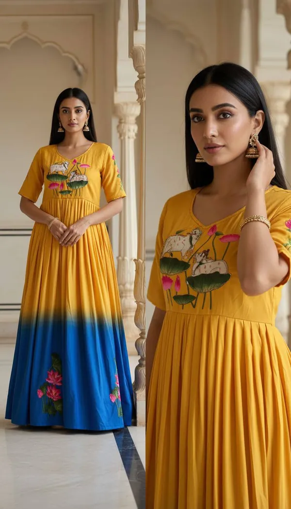 Mustard_Yellow_Royal_Blue_Ombre_Muslin_Anarkali_Gown_With_Lotus_Print_Khatli_Hand_Work