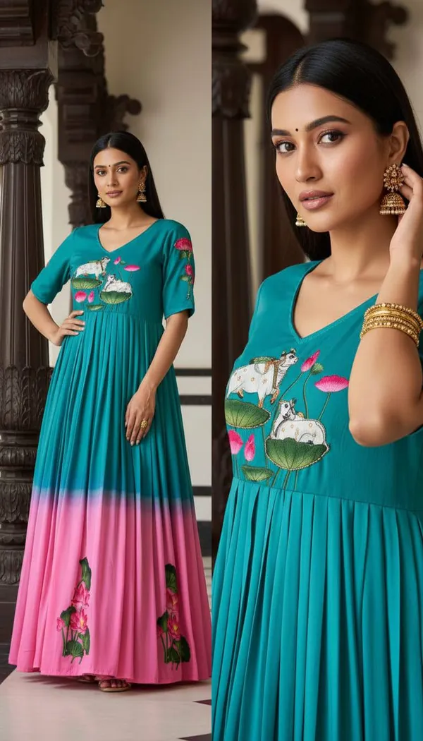 Designer_Peacock_Green_To_Pink_Ombre_Muslin_Gown_With_Lotus_Motif_Print_Hand_Khatli_Work