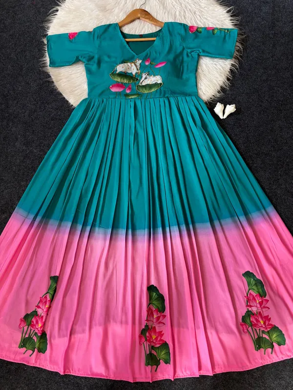 Designer_Peacock_Green_To_Pink_Ombre_Muslin_Gown_With_Lotus_Motif_Print_Hand_Khatli_Work