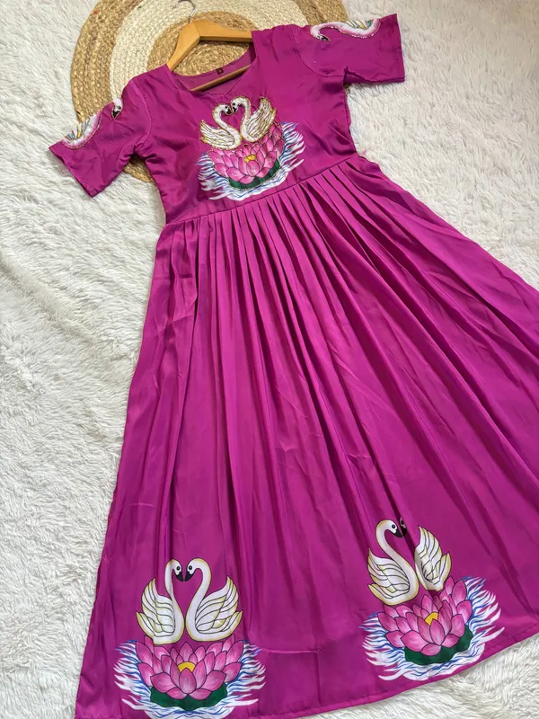 Magenta_Muslin_Silk_Gown_With_Swan_Print_Intricate_Khatli_Hand_Work