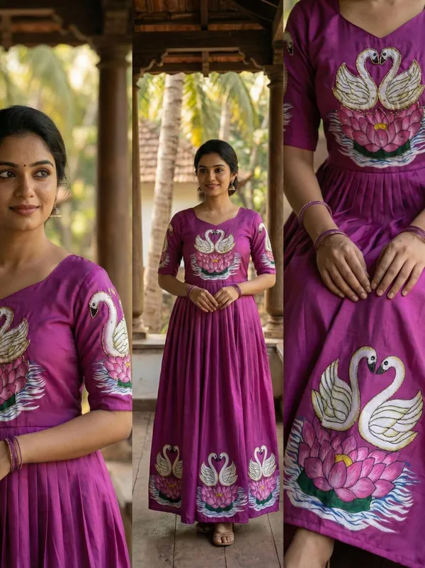 Magenta_Muslin_Silk_Gown_With_Swan_Print_Intricate_Khatli_Hand_Work