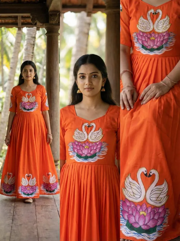 Radiant_Orange_Muslin_Gown_With_Hand_Painted_Swan_Khatli_Art
