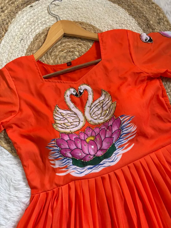 Radiant_Orange_Muslin_Gown_With_Hand_Painted_Swan_Khatli_Art