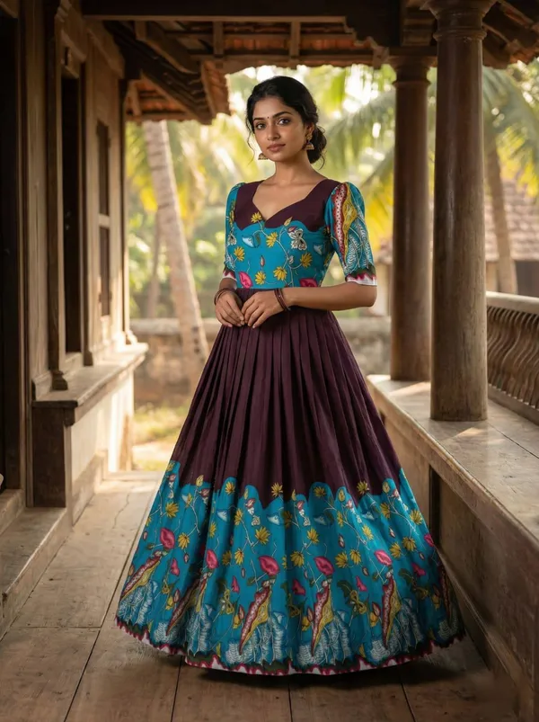 Elegant_Wine_Purple_Teal_Kalamkari_Print_Muslin_Gown