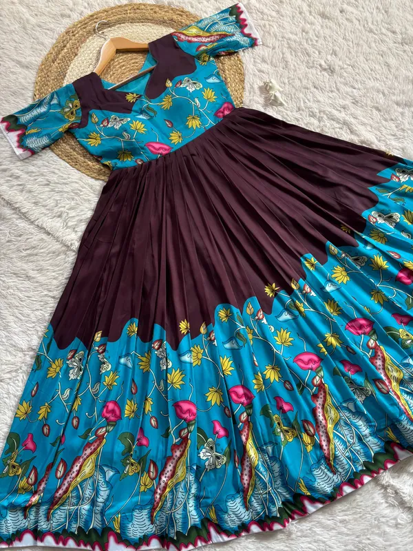 Elegant_Wine_Purple_Teal_Kalamkari_Print_Muslin_Gown