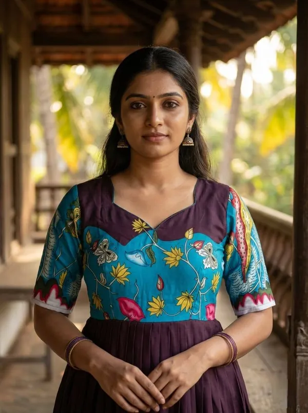 Elegant_Wine_Purple_Teal_Kalamkari_Print_Muslin_Gown