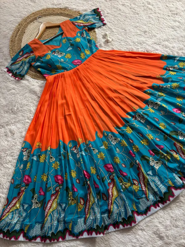 Teal_Orange_Kalamkari_Print_Muslin_Gown_With_Flared_Silhouette