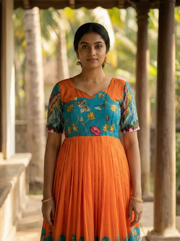 Teal_Orange_Kalamkari_Print_Muslin_Gown_With_Flared_Silhouette