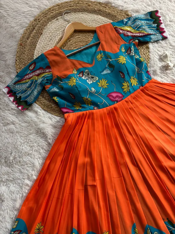 Teal_Orange_Kalamkari_Print_Muslin_Gown_With_Flared_Silhouette