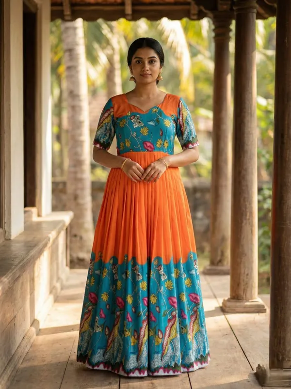 Teal_Orange_Kalamkari_Print_Muslin_Gown_With_Flared_Silhouette