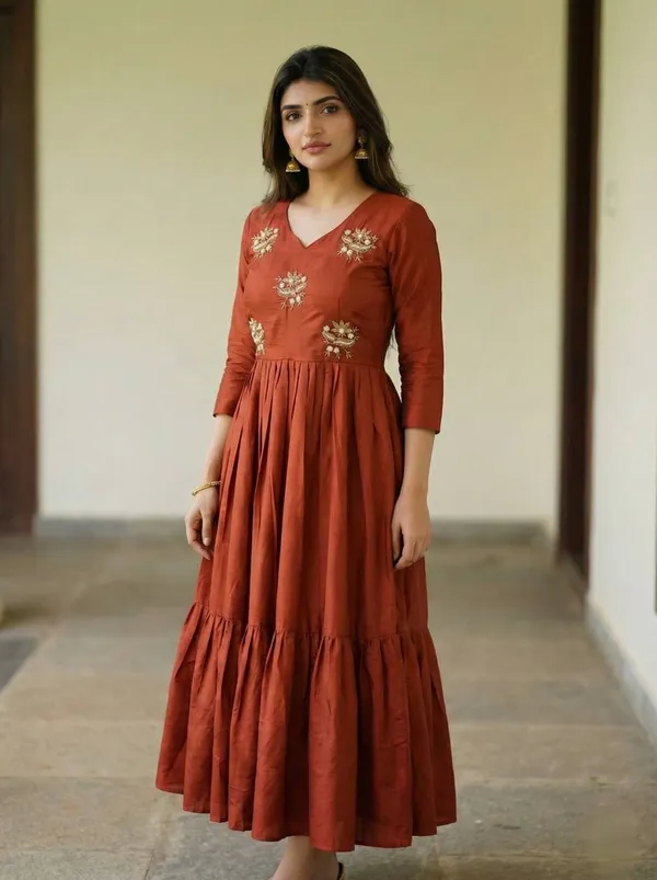 Festive_Wear_Rust_Roman_Fabric_Anarkali_Gown_Elegant_Long_Dress_For_Women