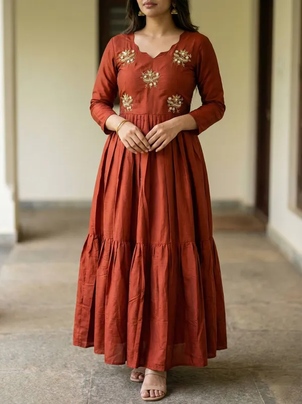 Festive_Wear_Rust_Roman_Fabric_Anarkali_Gown_Elegant_Long_Dress_For_Women