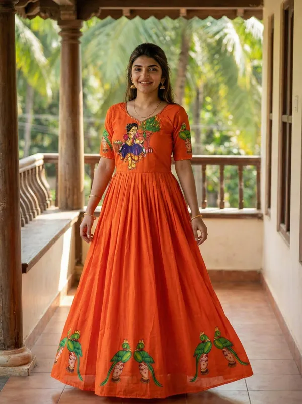 Orange_Kalamkari_Printed_Muslin_Gown_With_Khatli_Hand_Work_Moti_Beads