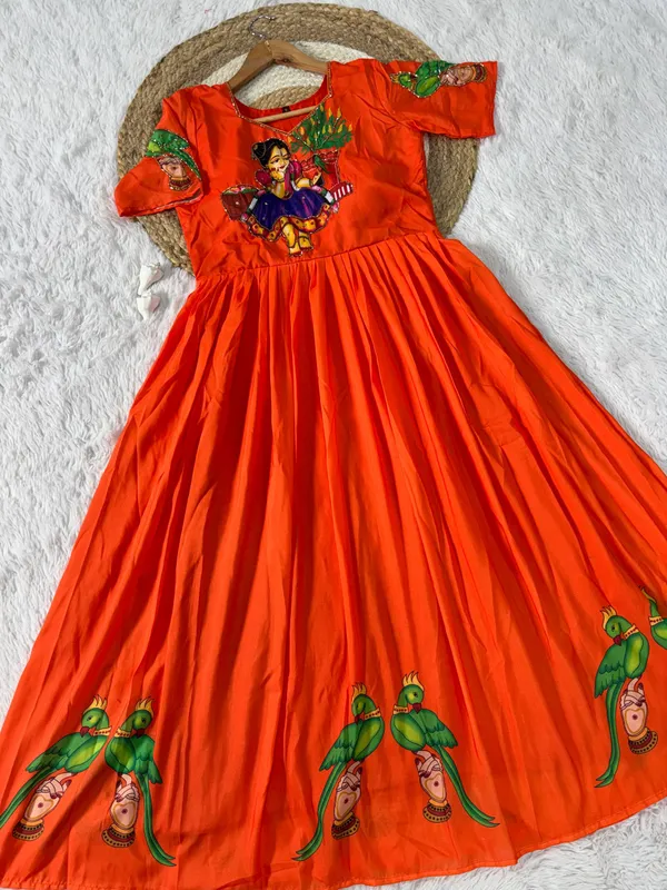 Orange_Kalamkari_Printed_Muslin_Gown_With_Khatli_Hand_Work_Moti_Beads