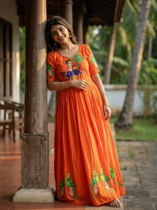 Orange_Kalamkari_Printed_Muslin_Gown_With_Khatli_Hand_Work_Moti_Beads