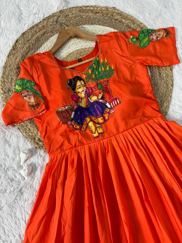 Orange_Kalamkari_Printed_Muslin_Gown_With_Khatli_Hand_Work_Moti_Beads