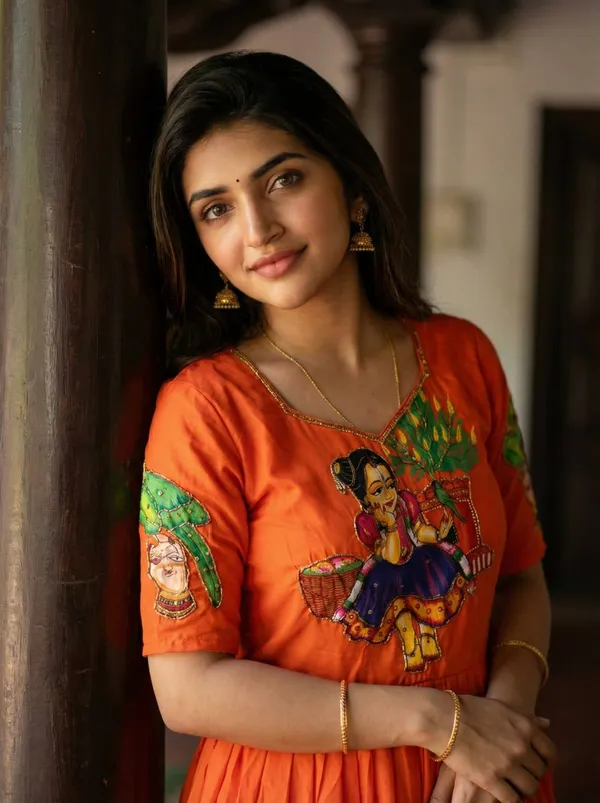 Orange_Kalamkari_Printed_Muslin_Gown_With_Khatli_Hand_Work_Moti_Beads