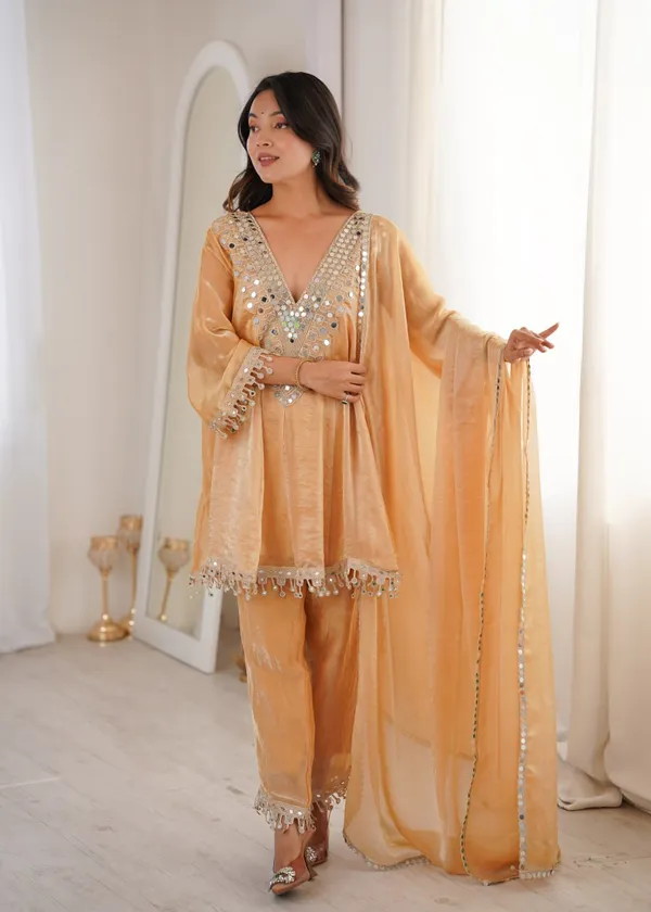 Chikoo_Party_Wear_Kurti_Set_With_Real_Mirror_Work_Fendy_Fabric_Suit_Set