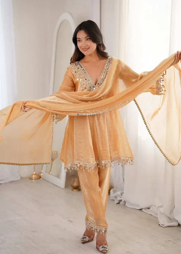Chikoo_Party_Wear_Kurti_Set_With_Real_Mirror_Work_Fendy_Fabric_Suit_Set