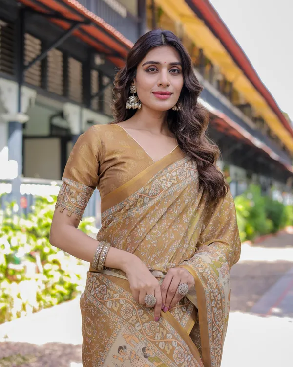 Mustard_Brown_Pure_Handloom_Cotton_Saree_With_Village_Life_Digital_Print_Contrast_Pallu