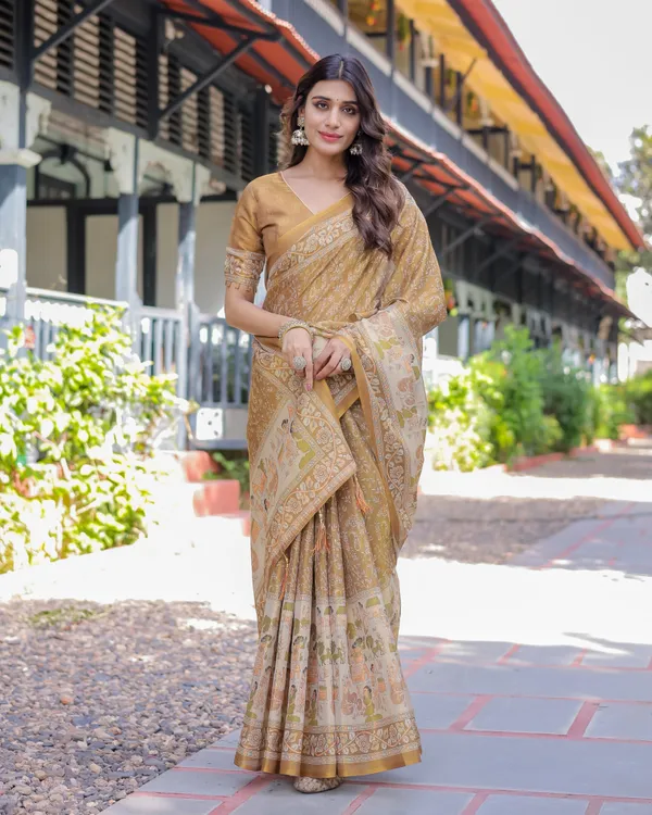 Mustard_Brown_Pure_Handloom_Cotton_Saree_With_Village_Life_Digital_Print_Contrast_Pallu