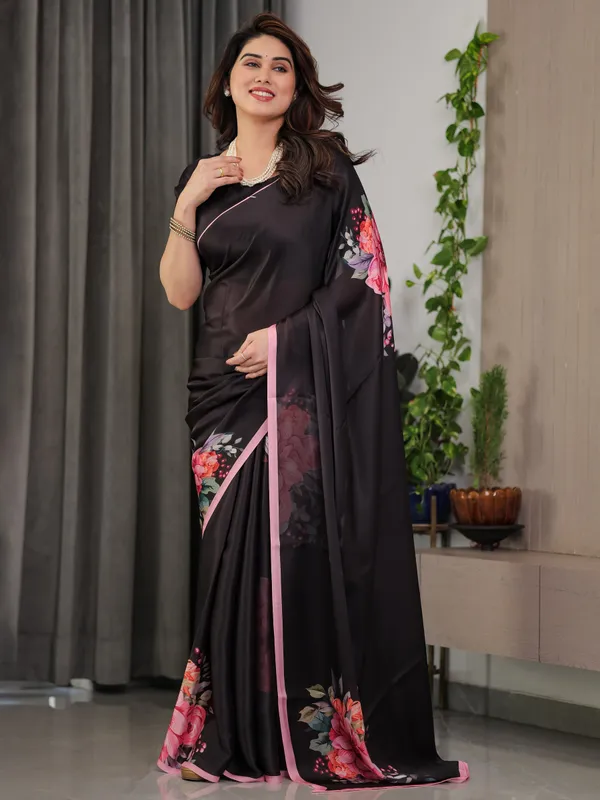 Black_Satin_Georgette_Floral_Printed_Saree_With_Soft_Pink_Border_Attached_Blouse_Elegant_Designer_Partywear_Drape
