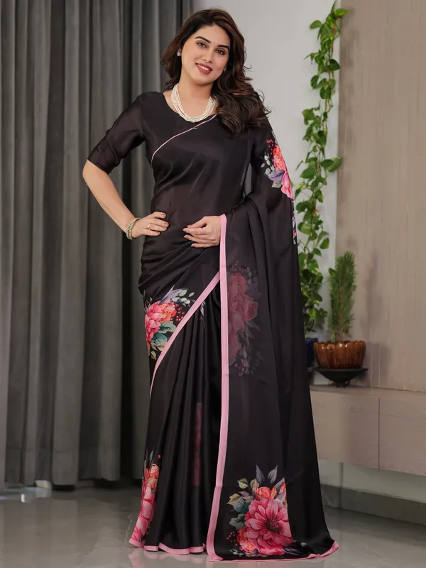 Black_Satin_Georgette_Floral_Printed_Saree_With_Soft_Pink_Border_Attached_Blouse_Elegant_Designer_Partywear_Drape