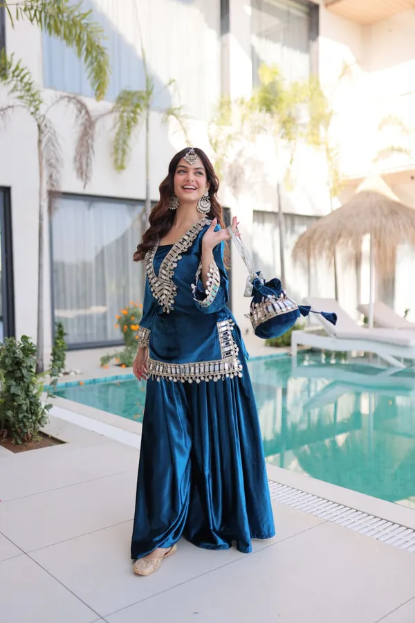 Teal_Blue_Ice_Velvet_Zari_Mirror_Work_Top_With_Flared_Palazzo_Set