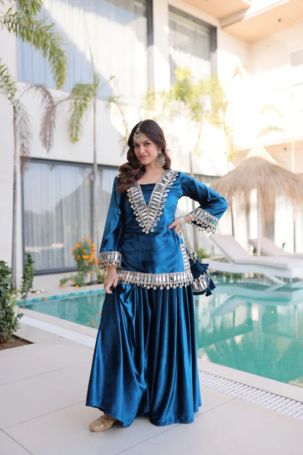 Teal_Blue_Ice_Velvet_Zari_Mirror_Work_Top_With_Flared_Palazzo_Set