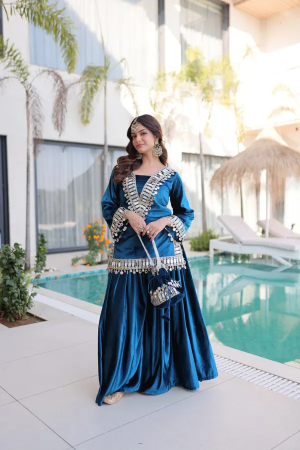 Teal_Blue_Ice_Velvet_Zari_Mirror_Work_Top_With_Flared_Palazzo_Set