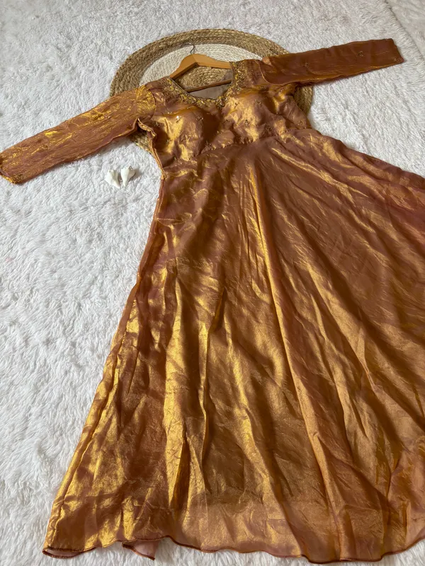 Antique_Gold_Space_Silk_Anarkali_Gown_With_Moti_Hand_Work