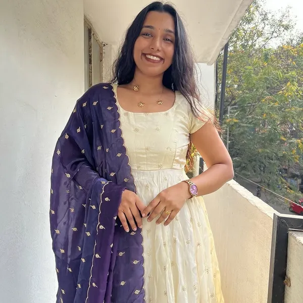 Cream_Anarkali_Dress_With_Navy_Blue_Dupatta_Elegant_Women's_Ethnic_Wear