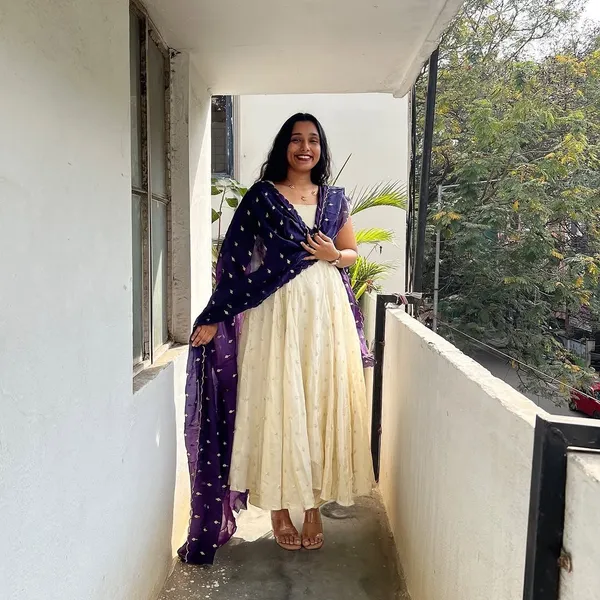 Cream_Anarkali_Dress_With_Navy_Blue_Dupatta_Elegant_Women's_Ethnic_Wear
