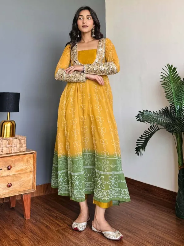 Mustard_Yellow_Green_Faux_Georgette_Kurti_Set_With_Mirror_Work_3_Piece_Festive_Wear