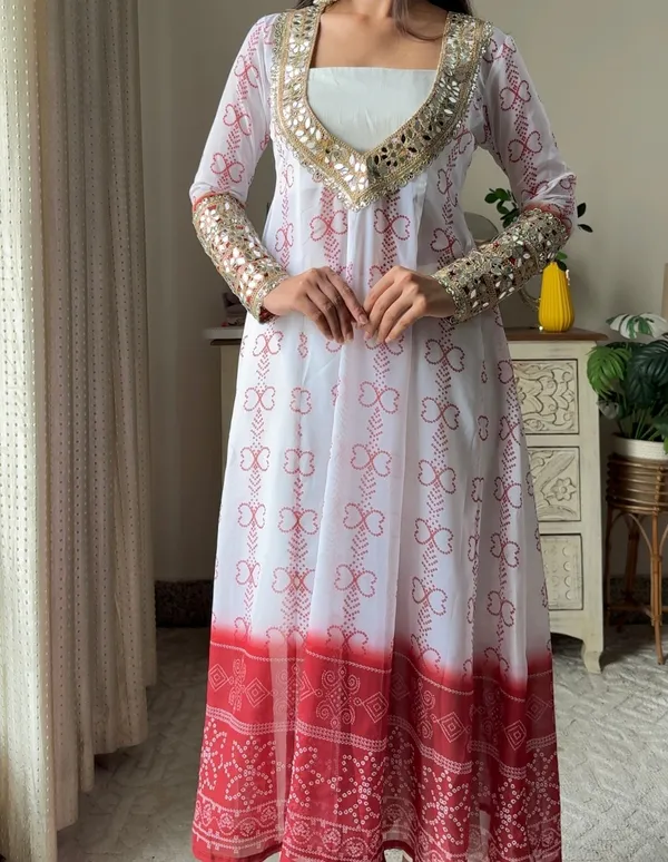 White_Red_Faux_Georgette_Kurti_Set_With_Mirror_Work_3_Piece_Festive_Wear