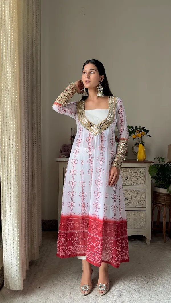 White_Red_Faux_Georgette_Kurti_Set_With_Mirror_Work_3_Piece_Festive_Wear
