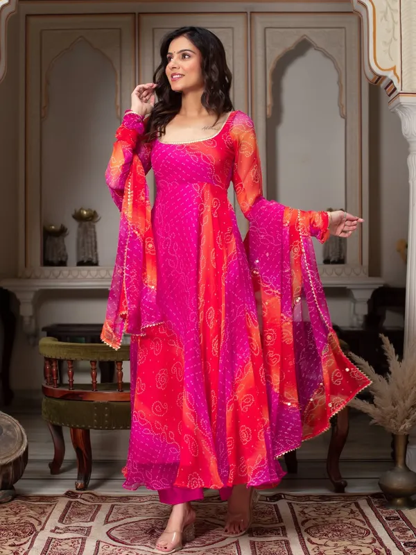 Bandhani_Print_Fancy_Anarkali_Suit_Set_Pink_Orange_Festive_Ethnic_Wear_For_Women