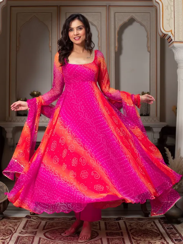 Bandhani_Print_Fancy_Anarkali_Suit_Set_Pink_Orange_Festive_Ethnic_Wear_For_Women