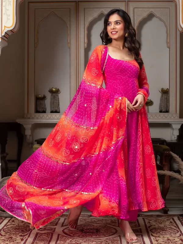 Bandhani_Print_Fancy_Anarkali_Suit_Set_Pink_Orange_Festive_Ethnic_Wear_For_Women