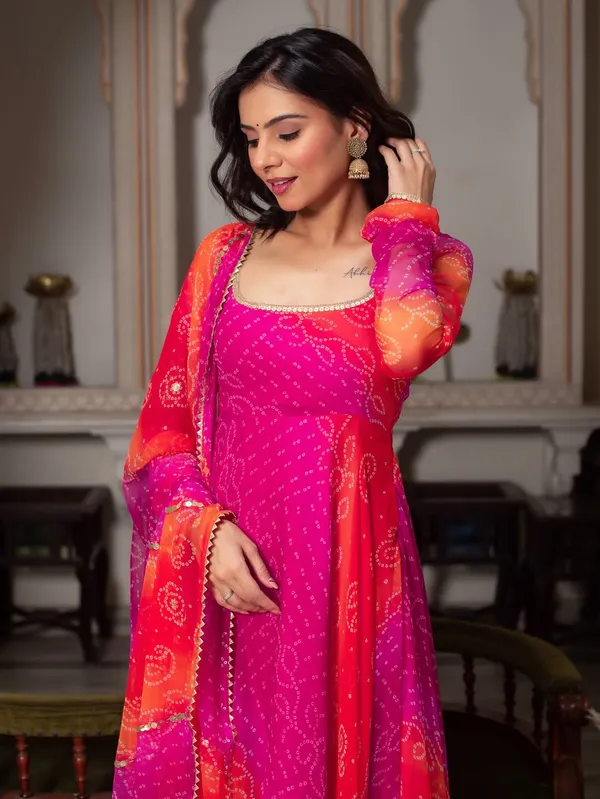 Bandhani_Print_Fancy_Anarkali_Suit_Set_Pink_Orange_Festive_Ethnic_Wear_For_Women